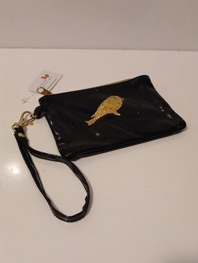 Papyrus Black Wristlet Clutch with Gold Bird Accent NWT